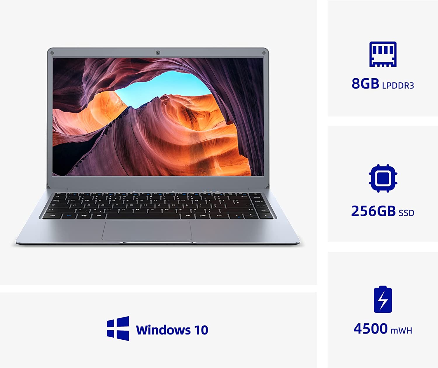 Jumper Laptop 13.3 pulgadas Full HD 1080p IPS pantalla, 8GB RAM 256GB SSD, Windows 10 Slim Laptop Computer, Quad Core Celeron CPU, Cámara web HD, Mini HDMI, USB3.0, Bluetooth 4.2, Dual Band 5G WiFi, gris - Imagen 3