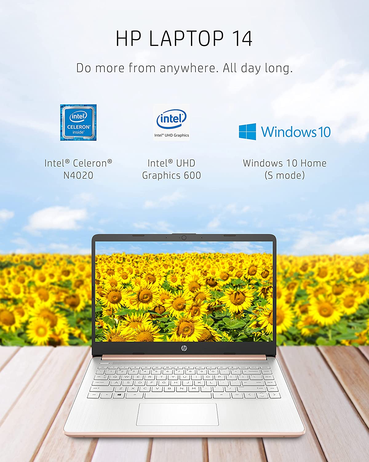 HP 14 portátiles, Intel Celeron N4020, 4 GB de RAM, 64 GB de almacenamiento, pantalla HD Micro-Edge de 14 pulgadas, Windows 10 Home, delgado y portátil, gráficos 4K, un año de Microsoft 365 (14-dq0030nr, 2021, oro rosa pálido) - Imagen 2