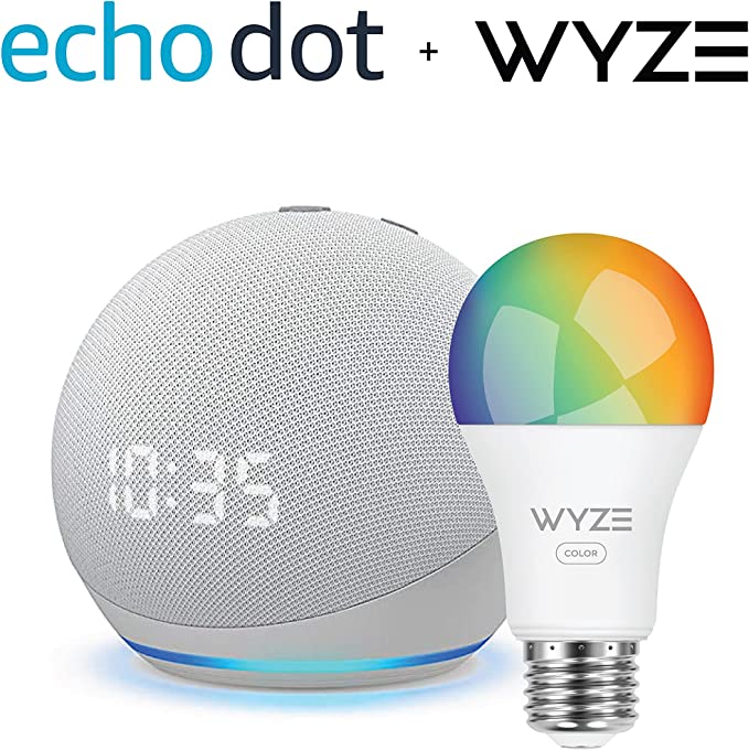 Echo Dot (4th Gen) | Smart speaker with clock and Alexa | Glacier White with Wyze Color bulb