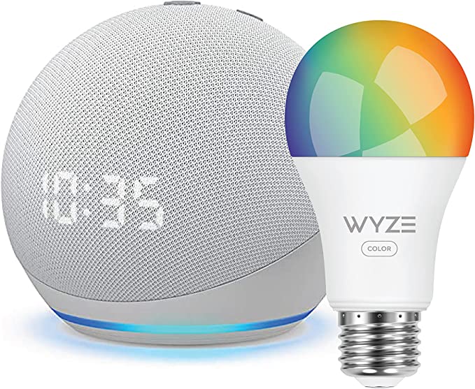 Echo Dot (4th Gen) | Smart speaker with clock and Alexa | Glacier White with Wyze Color bulb - Imagen 2